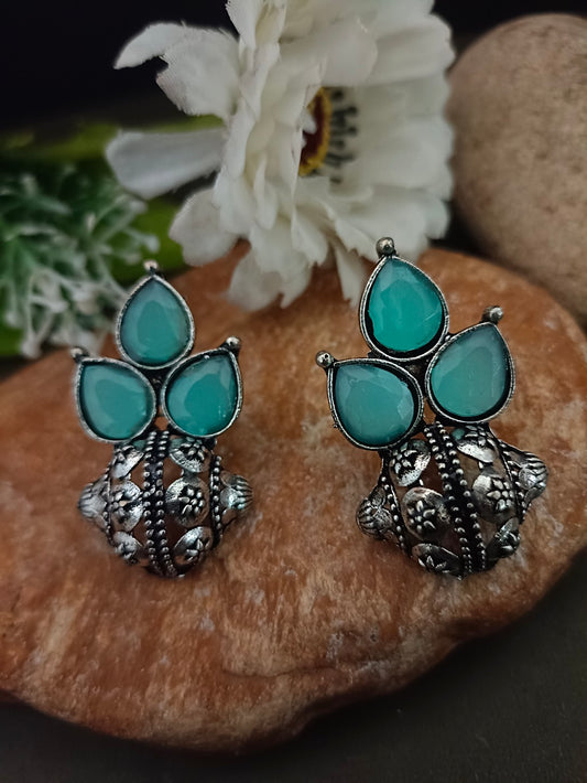 Sanjog Oxidized Silver-Tone Mint Green Stone Cluster Stud Earrings with Intricate Dome Base