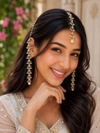Gold Plated Kundan Studded Pear Drops Earchain Earrings and Maang Tiika Jewellery Set