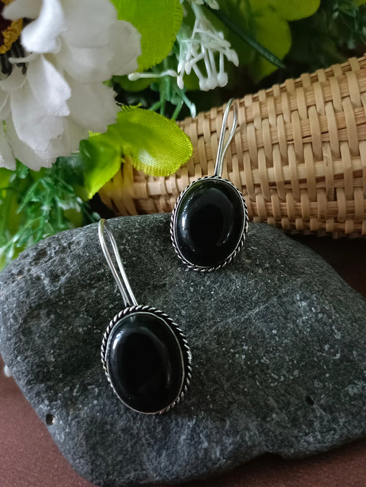 Sanjog Oxidized Silver Oval Drop Earrings with Black Onyx Stone