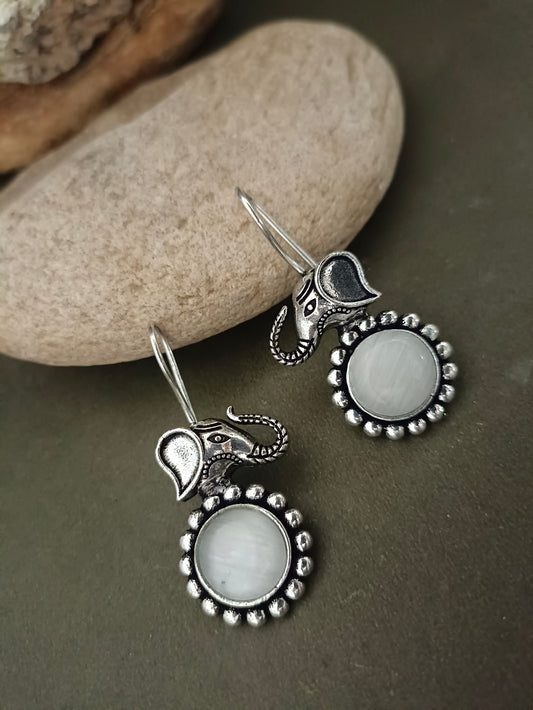 Sanjog Oxidized Silver Elephant Drop Earrings with White/Grey Stone (Cat's Eye)