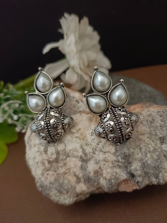 Sanjog Oxidized Silver-Tone Pearl Cluster Stud Earrings with Intricate Dome Base
