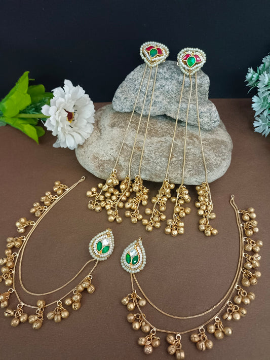 Set Of 2 Brass Plated Pachi Kundan & Ghungaroo Studded Drop Kashmiri Earrings With Earchains