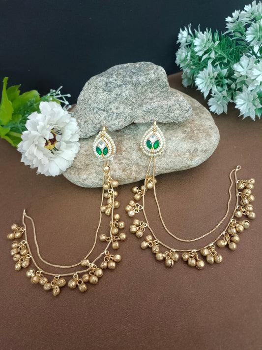 Brass Plated Pachi Kundan & Ghungaroo Studded Kashmiri Ear Cuff Earrings