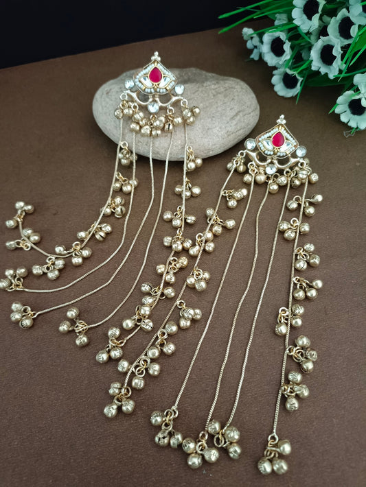 Brass-Plated Pachi Kundan & Ghungaroo Beaded Kashmiri Drop Earrings