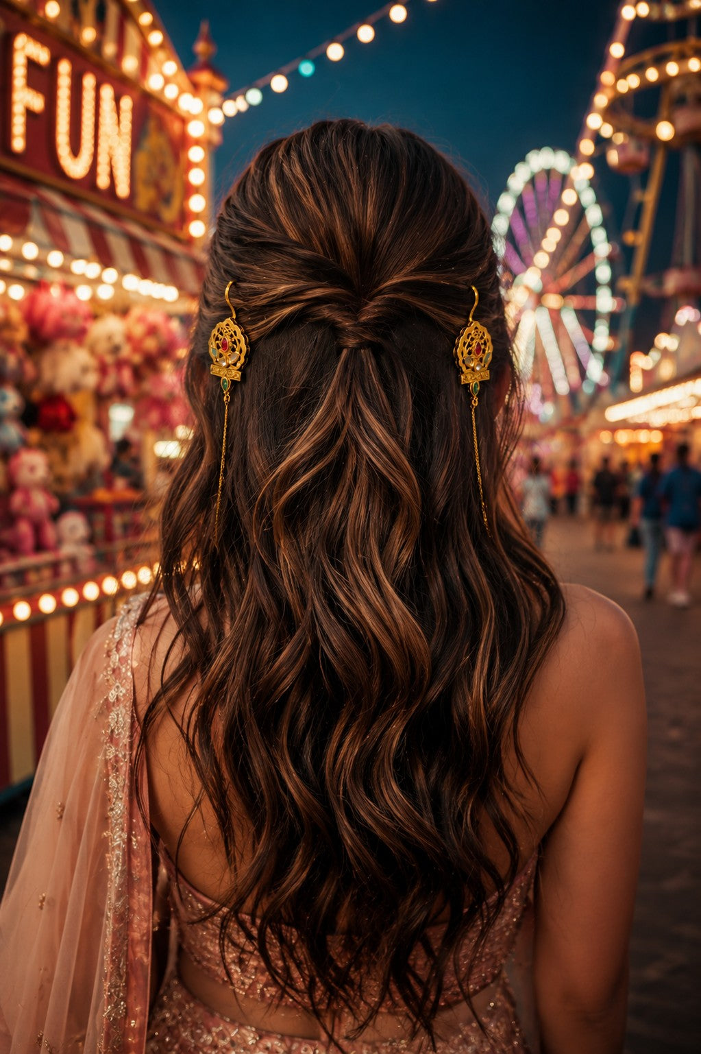 Gold -Plated Earcuff Stud Kundan Earrings with Back Hair Chain Accessorry Earchains