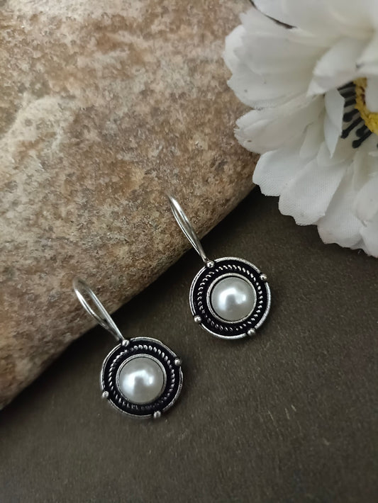 Sanjog Oxidized Silver Simple Round Pearl Drop Earrings