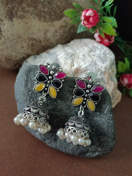 Sanjog Oxidized Silver Multi-Color Stone Floral Jhumka Earrings with Pearl Drops