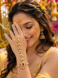 Gold-Plated Kundan Studded Meenakari Ring Hathphool Pearl Bracelets