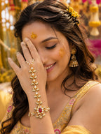 Gold-Plated Kundan Studded Meenakari Ring Hathphool Pearl Bracelets