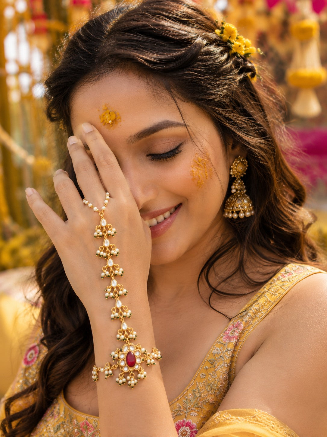 Gold-Plated Kundan Studded Meenakari Ring Hathphool Pearl Bracelets