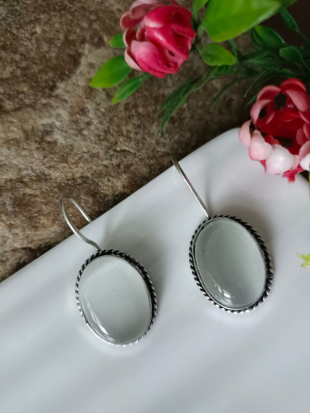 Sanjog Oxidized Silver Oval Cat's Eye Stone Drop Earrings