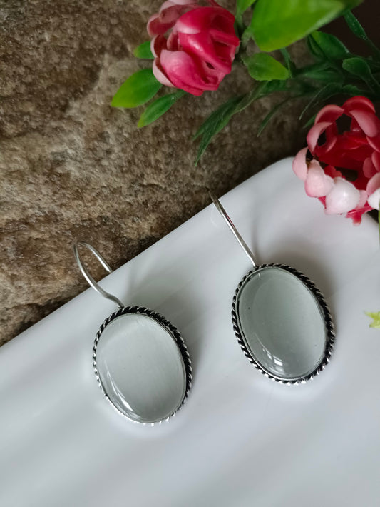 Sanjog Oxidized Silver Oval Cat's Eye Stone Drop Earrings