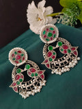 Sanjog Grand Oxidized Silver-Tone Bird Motif Drop Earrings with Multi-Color Stones and Pearl Fringe