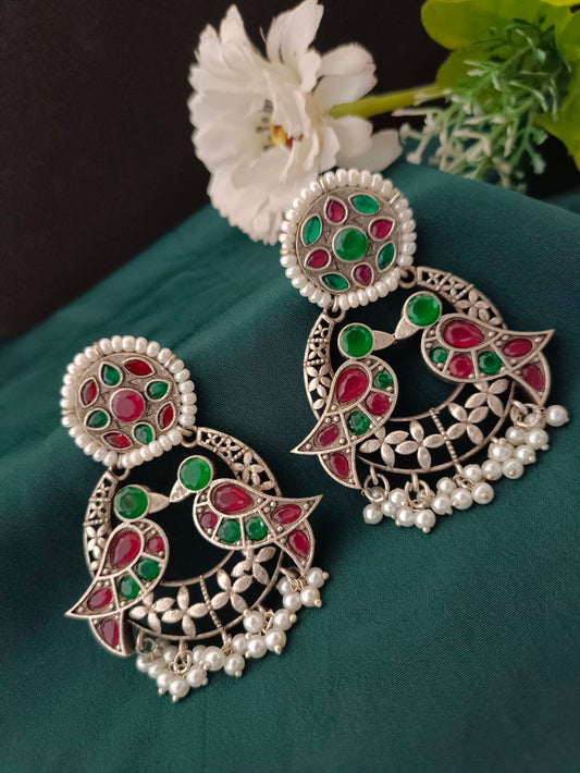 Sanjog Grand Oxidized Silver-Tone Bird Motif Drop Earrings with Multi-Color Stones and Pearl Fringe