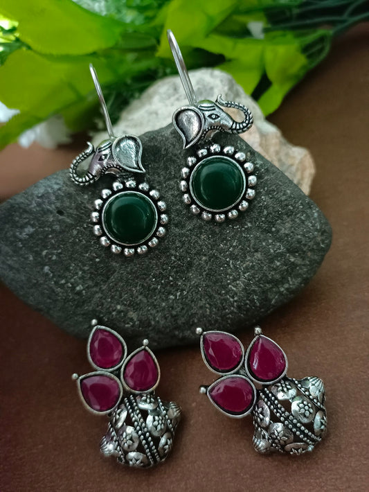 Sanjog Set of Two Pairs: Oxidized Silver Elephant Drop Earrings with Green Stone & Ethnic Ruby Cluster Studs