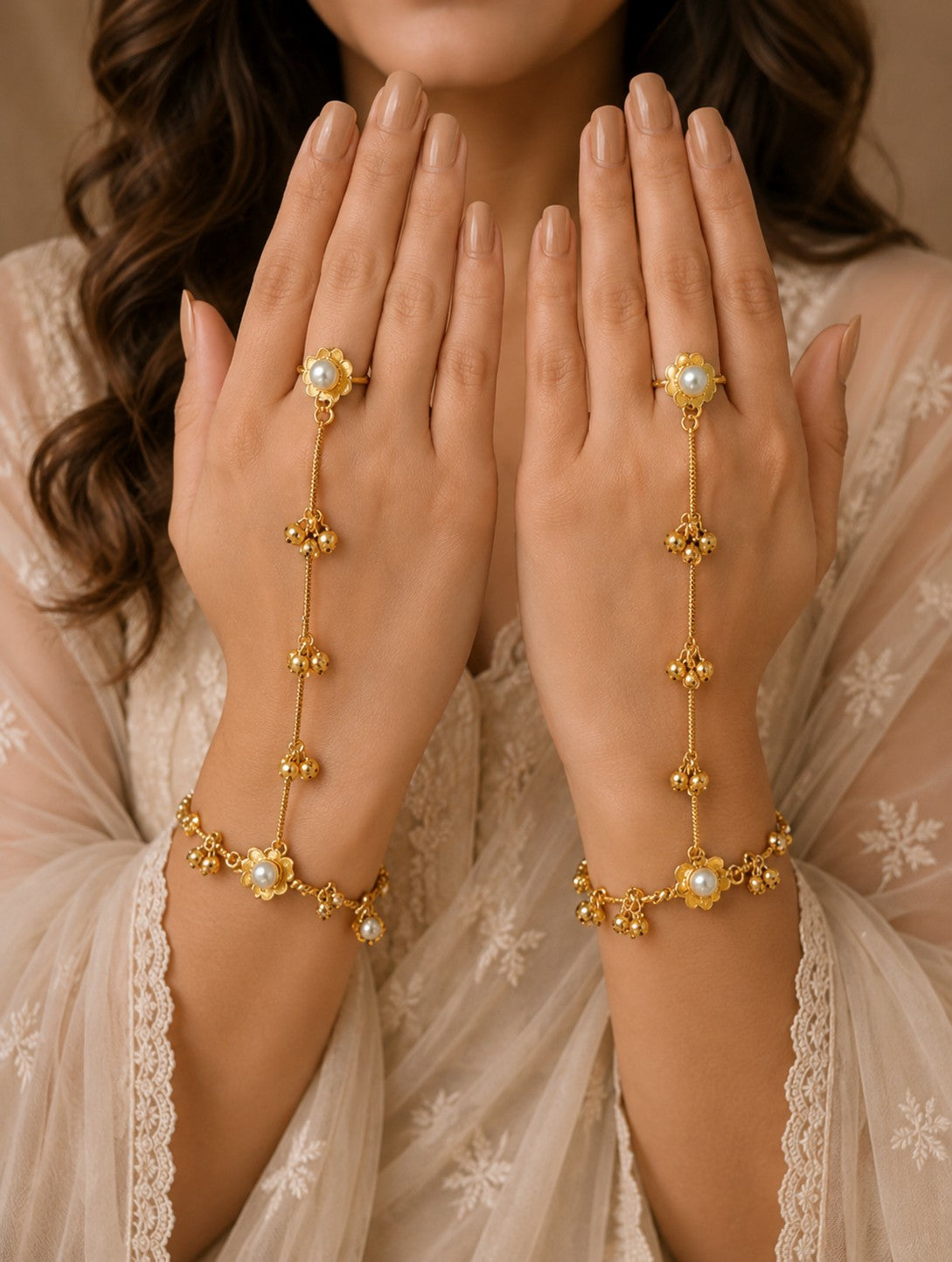 Women 2 Brass Handcrafted Gold-Plated Pearl Sudded Hathphool Panja Multi Ring Bracelet