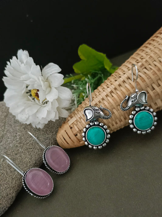 Sanjog Set of Two Pairs: Oxidized Silver Elephant Drop Earrings with Turquoise & Simple Oval Pink Stone Drops