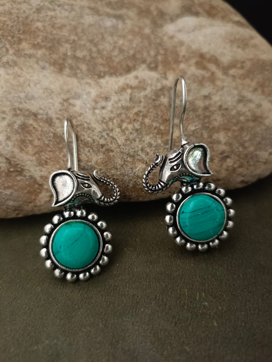 Sanjog Oxidized Silver Elephant Drop Earrings with Turquoise Stone