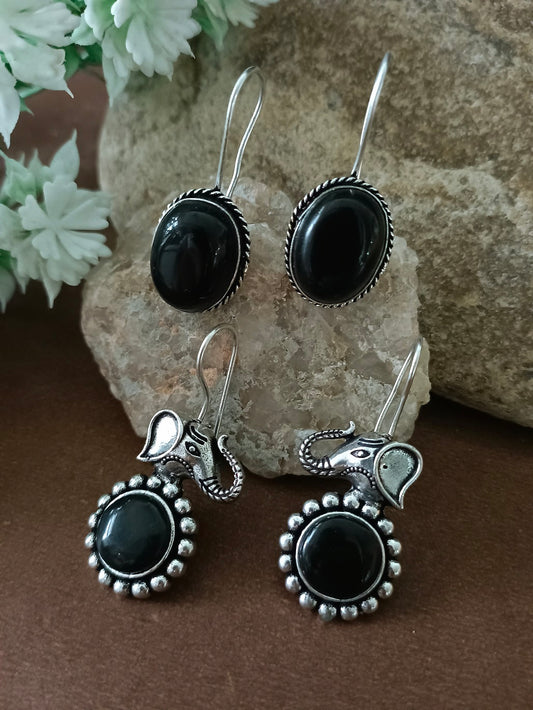 Sanjog Oxidized Silver Elephant Head Drop Earrings with Black Onyx Stone (Set of 2 Pairs)