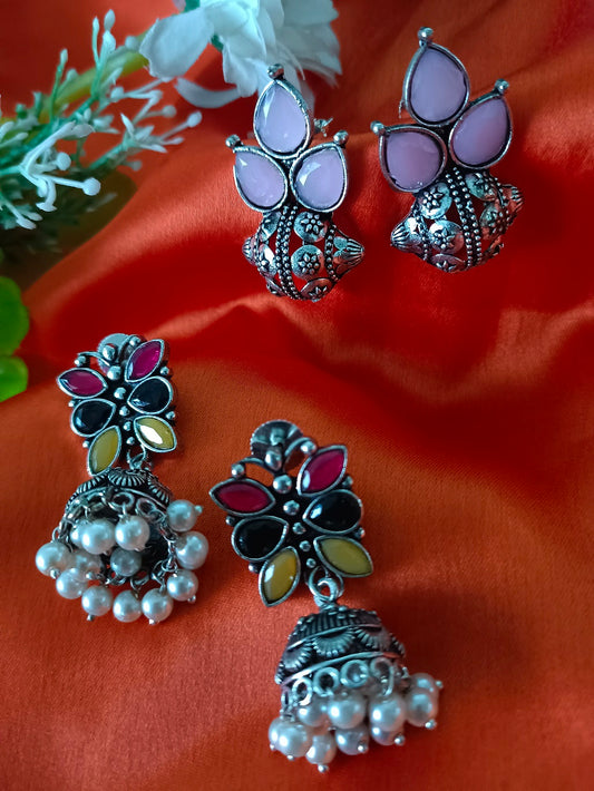 Sanjog Oxidized Silver Earring Set: Pink Stone Studs & Multicolored Jhumkas