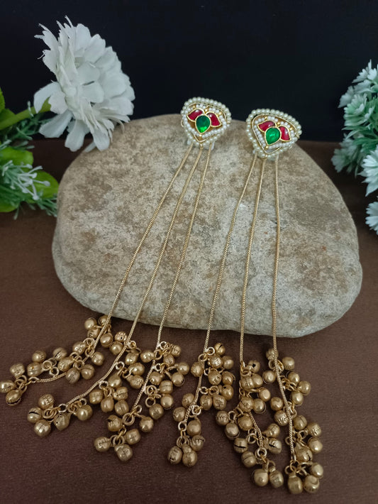 Brass-Plated Pachi Kundan & Ghungaroo Beaded Kashmiri Drop Earrings