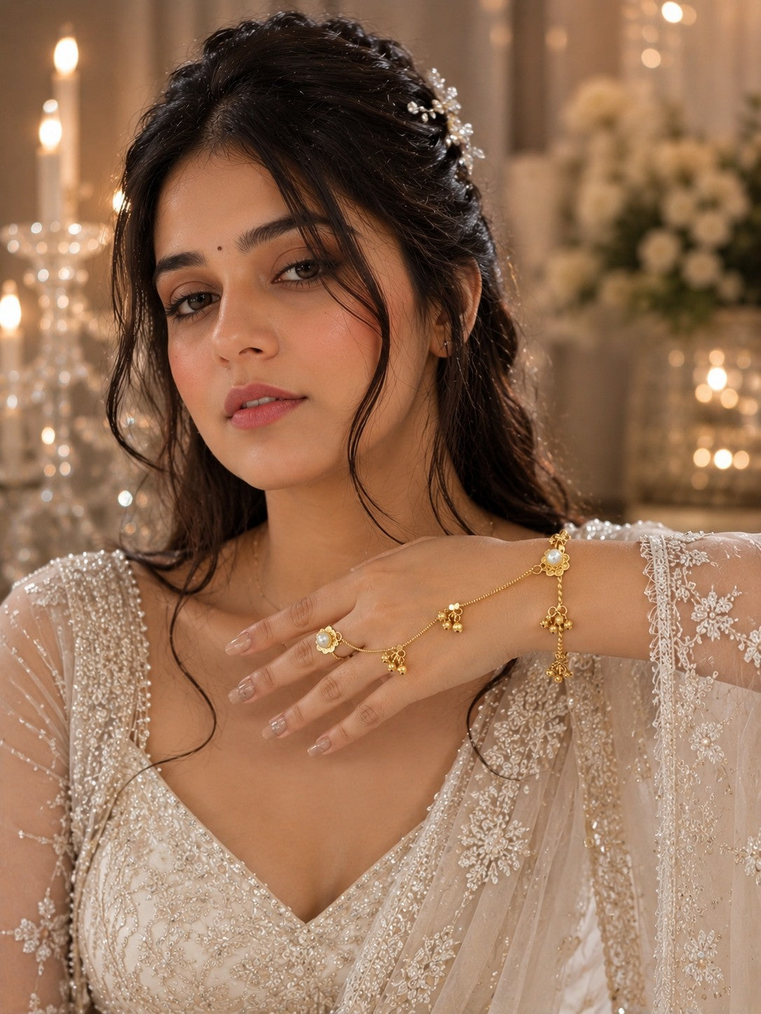 Women Brass Handcrafted Gold-Plated Pearl Sudded Hathphool Panja Multi Ring Bracelet