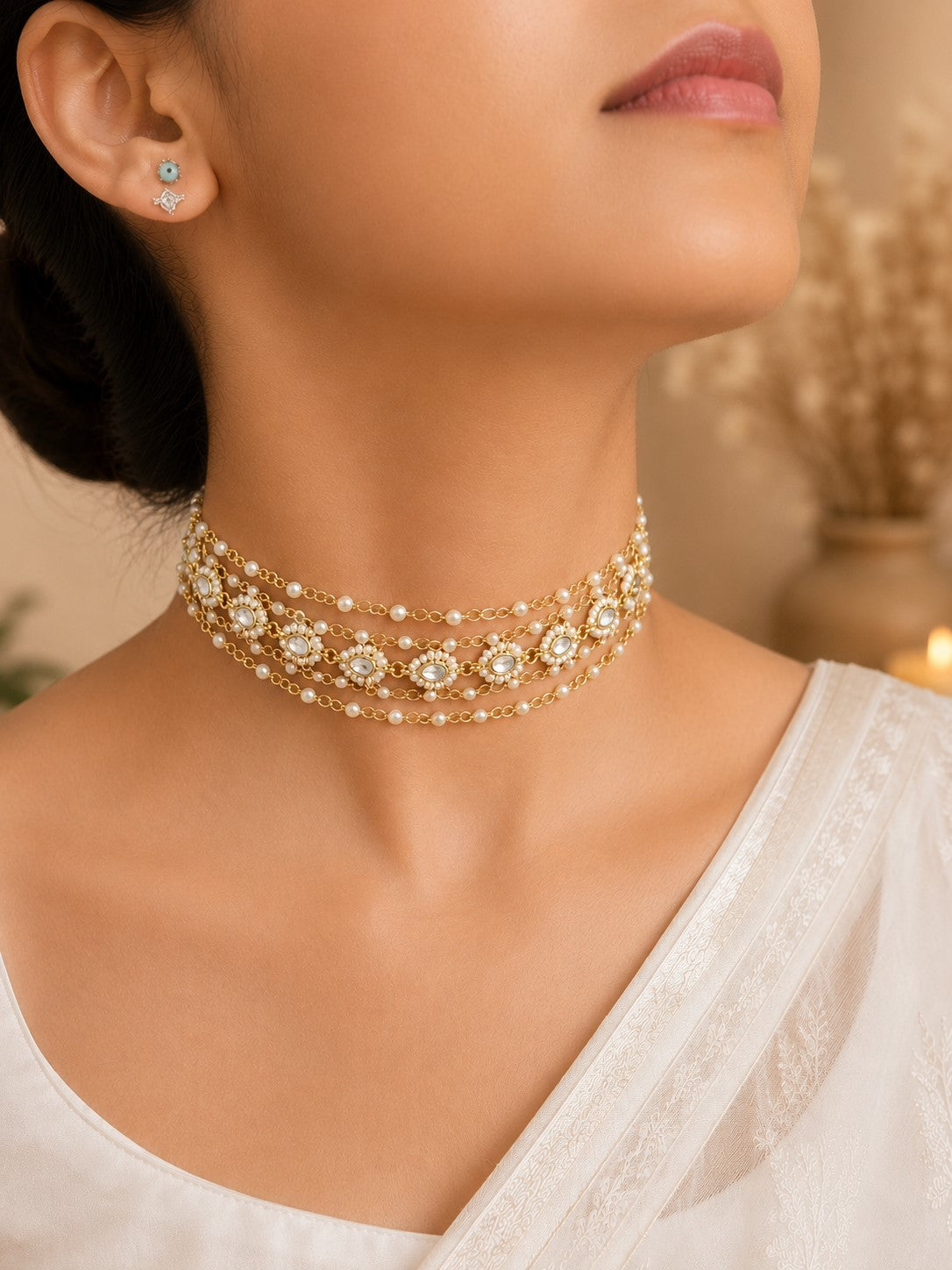 Gold-Plated Kundan Studded Pearls Beaded Layered Choker Necklace