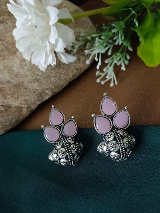 Sanjog Oxidized Silver-Tone Pink Stone Cluster Stud Earrings with Intricate Dome Base