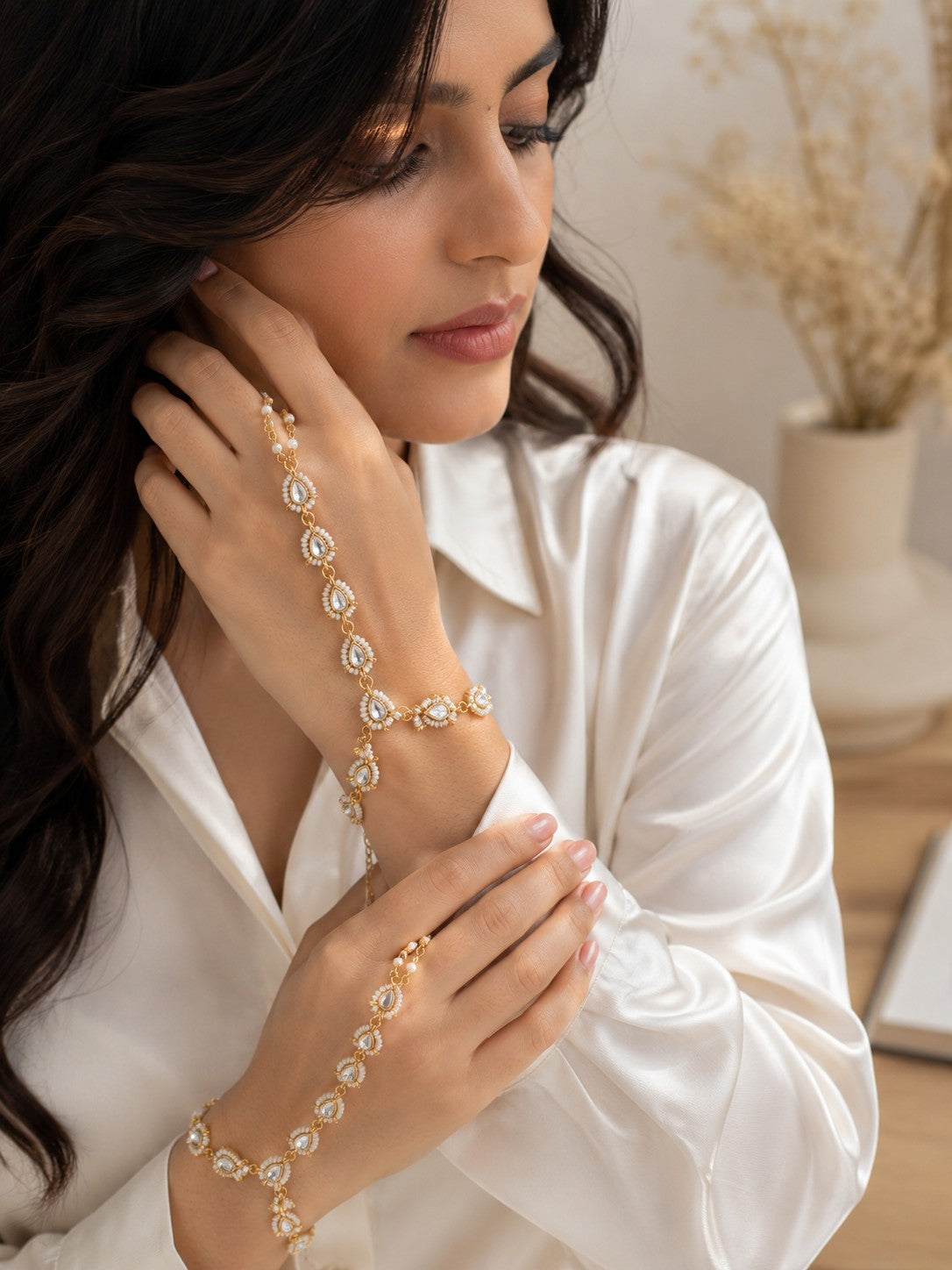 Set Of 2 Gold-Plated Kundan Studded Finger Ring Hathphool Pearl Bracelets