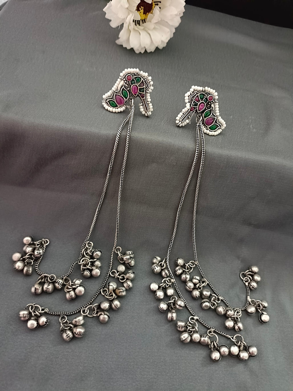Brass-Plated Stones Studded & Ghungroo Beaded Oxidised Kashmiri Drop Earrings