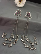 Brass-Plated Stones Studded & Ghungroo Beaded Oxidised Kashmiri Drop Earrings