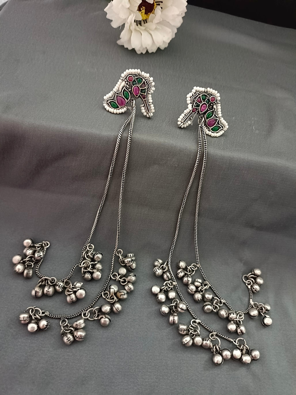 Brass-Plated Stones Studded & Ghungroo Beaded Oxidised Kashmiri Drop Earrings