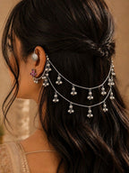 Silver-Plated Pink Floral Ear Cuff Earrings with Hair Chain