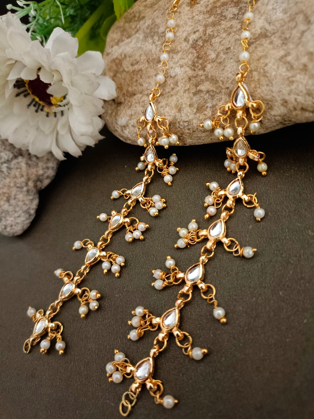 Gold-Plated Kundan Studded And Artificial Beaded Pearl Sahara Ear Chains Earrings