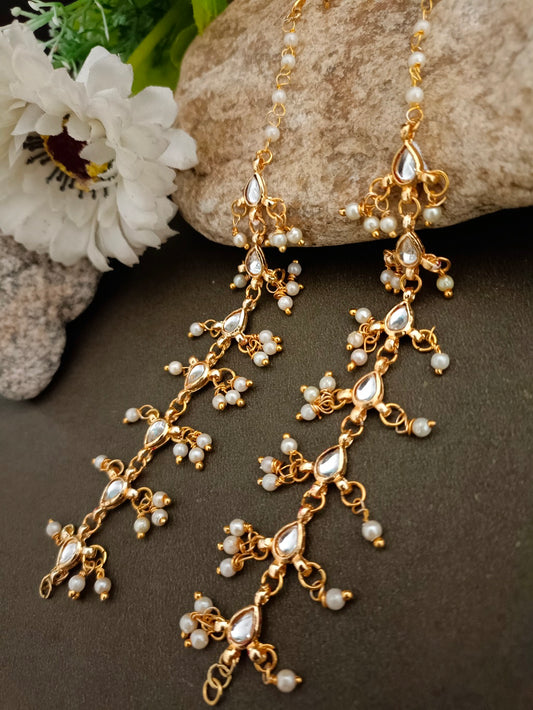 Gold-Plated Kundan Studded And Artificial Beaded Pearl Sahara Ear Chains Earrings