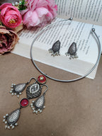 Oxidised Silver Plated Stone Studded Hasli Choker Jewellery Set For Women