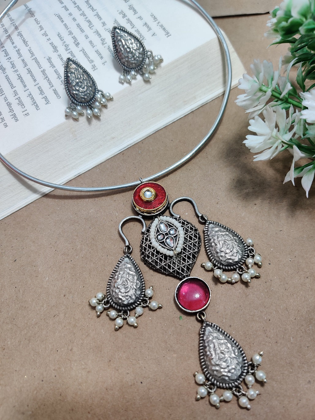 Oxidised Silver Plated Stone Studded Hasli Choker Jewellery Set For Women