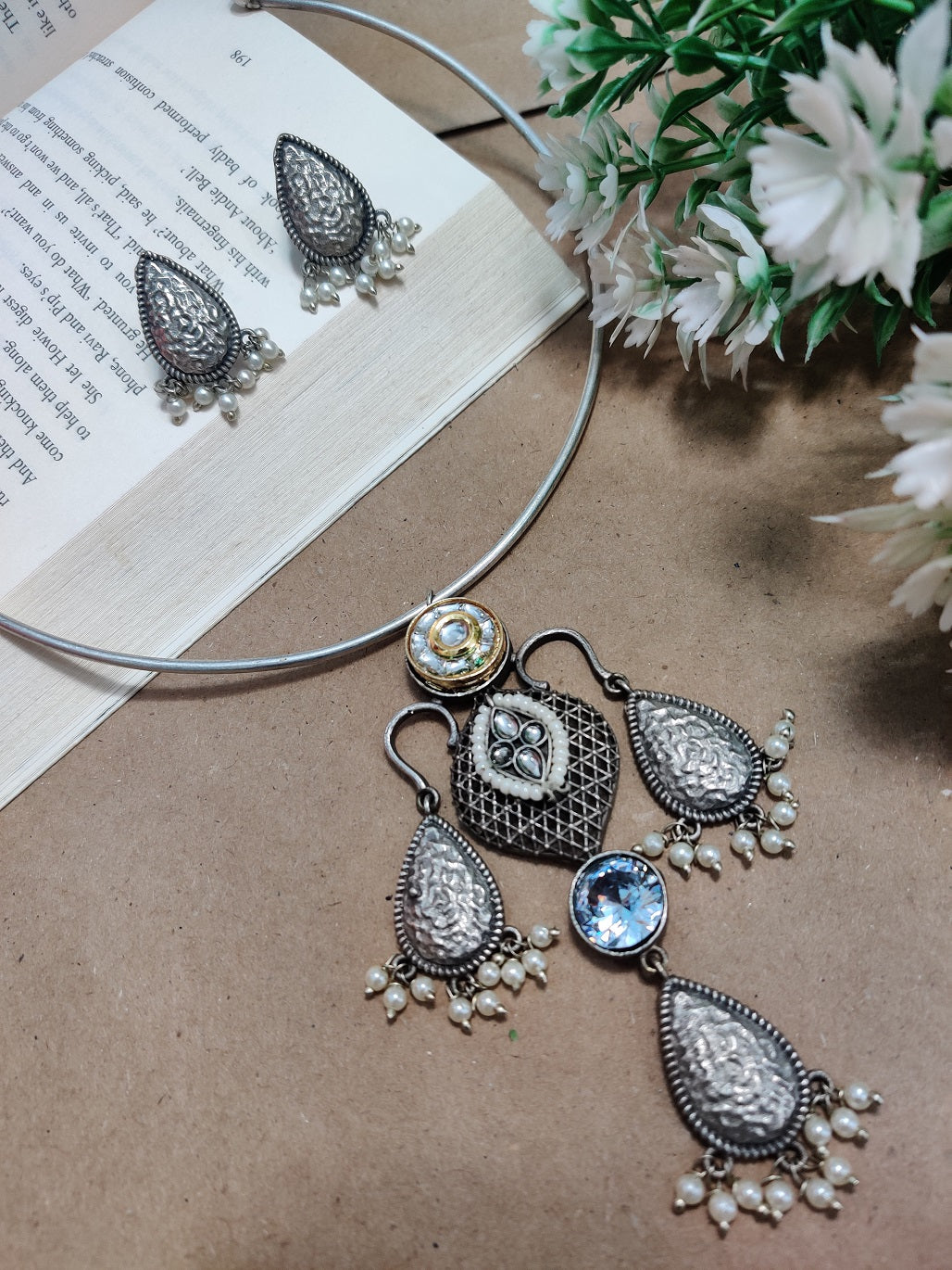 Oxidised Silver Plated Stone Studded Hasli Choker Jewellery Set For Women