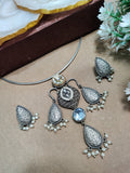Oxidised Silver Plated Stone Studded Hasli Choker Jewellery Set For Women