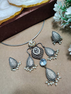 Oxidised Silver Plated Stone Studded Hasli Choker Jewellery Set For Women