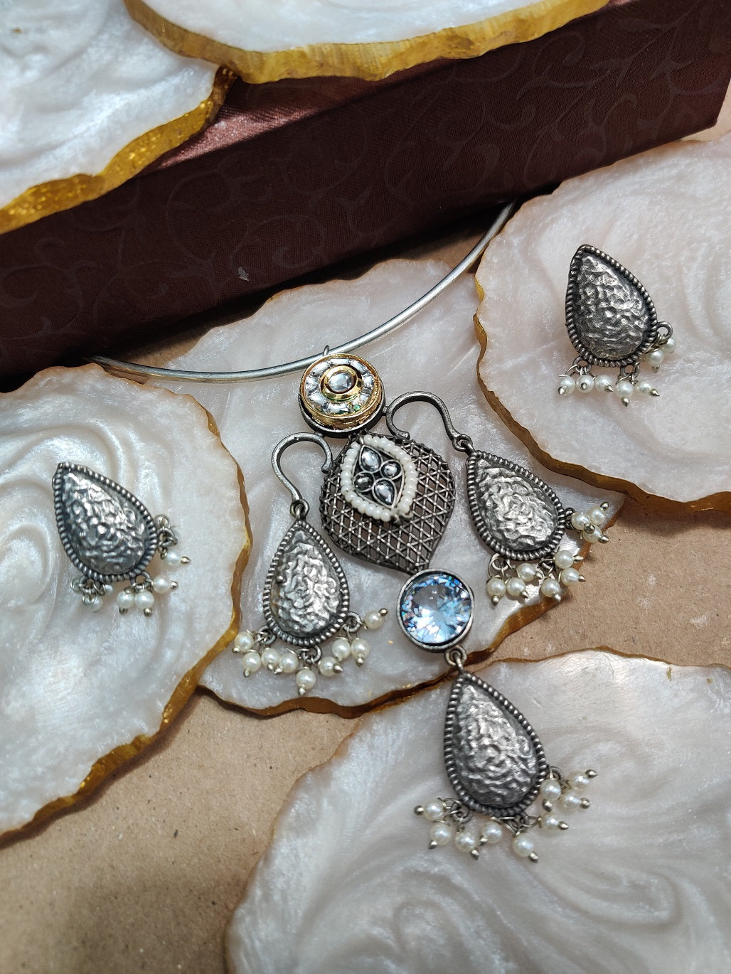 Oxidised Silver Plated Stone Studded Hasli Choker Jewellery Set For Women