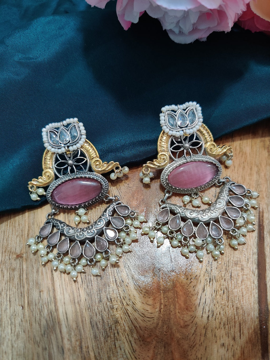 Dual Toned Oxidised Silver Plated Chanbali Lotus Earrings