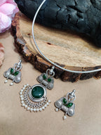 Oxidised Silver Plated Stone Studded Hasli Choker Jewellery Set For Women