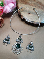 Oxidised Silver Plated Stone Studded Hasli Choker Jewellery Set For Women