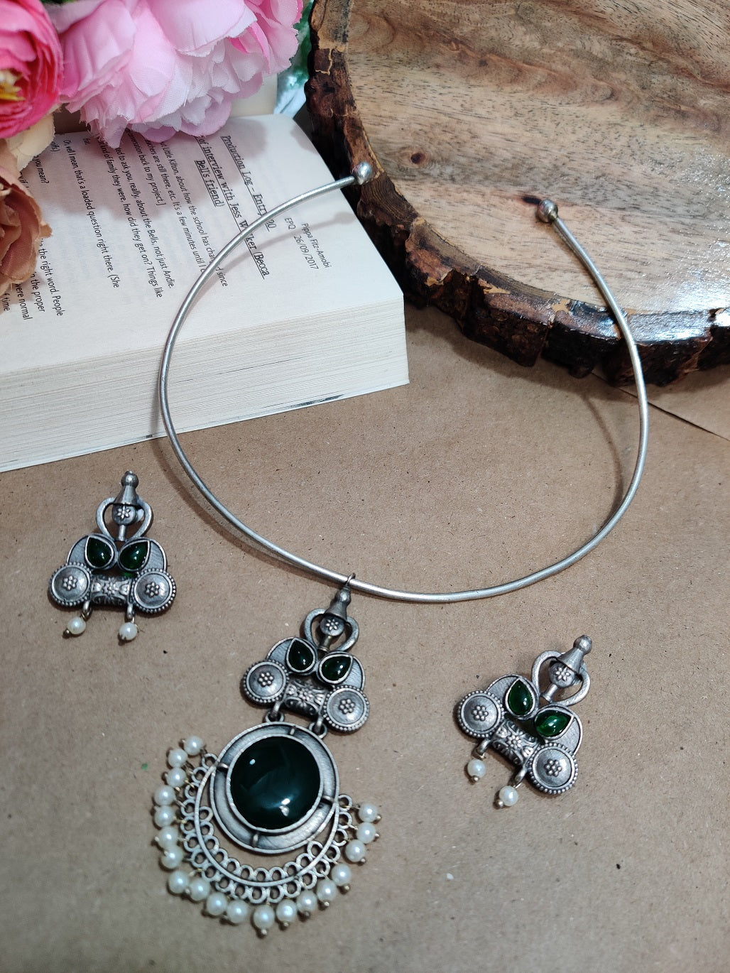 Oxidised Silver Plated Stone Studded Hasli Choker Jewellery Set For Women