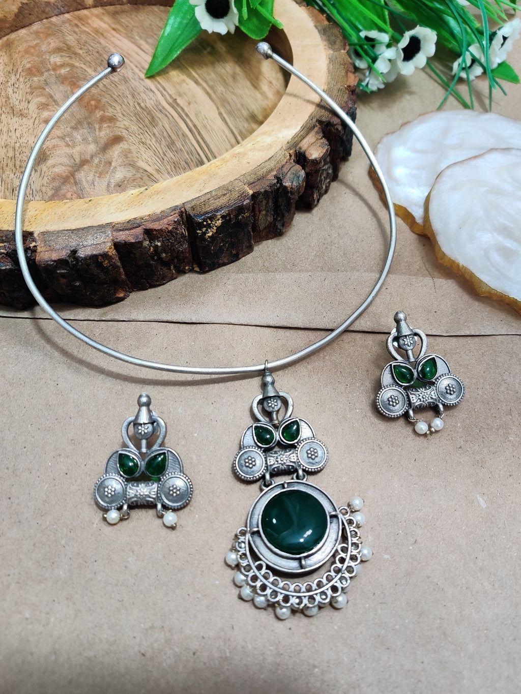 Oxidised Silver Plated Stone Studded Hasli Choker Jewellery Set For Women