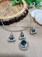 Oxidised Silver Plated Stone Studded Hasli Choker Jewellery Set For Women