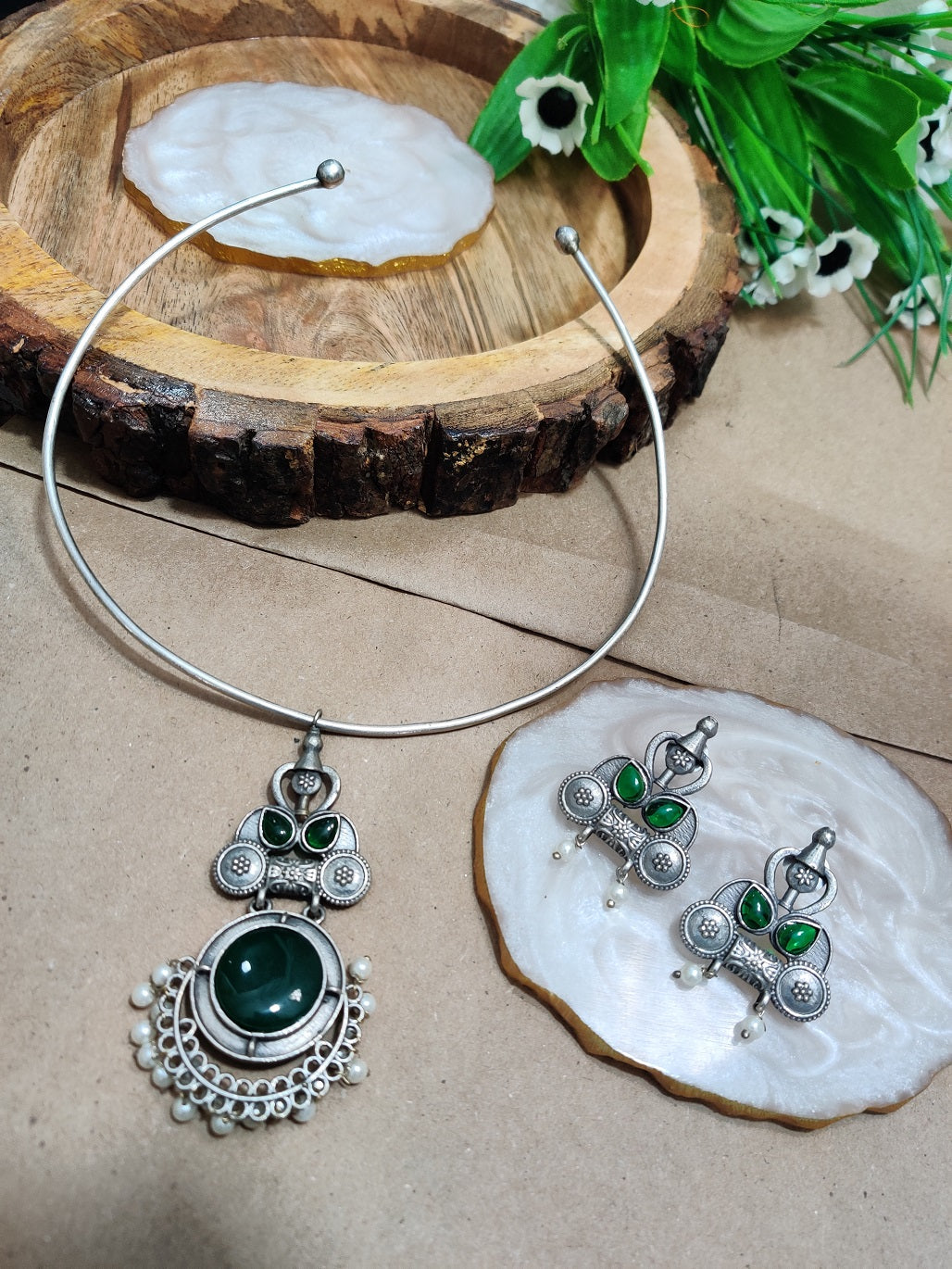 Oxidised Silver Plated Stone Studded Hasli Choker Jewellery Set For Women