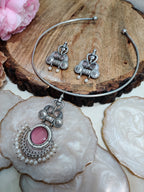 Oxidised Silver Plated Stone Studded Hasli Choker Jewellery Set For Women