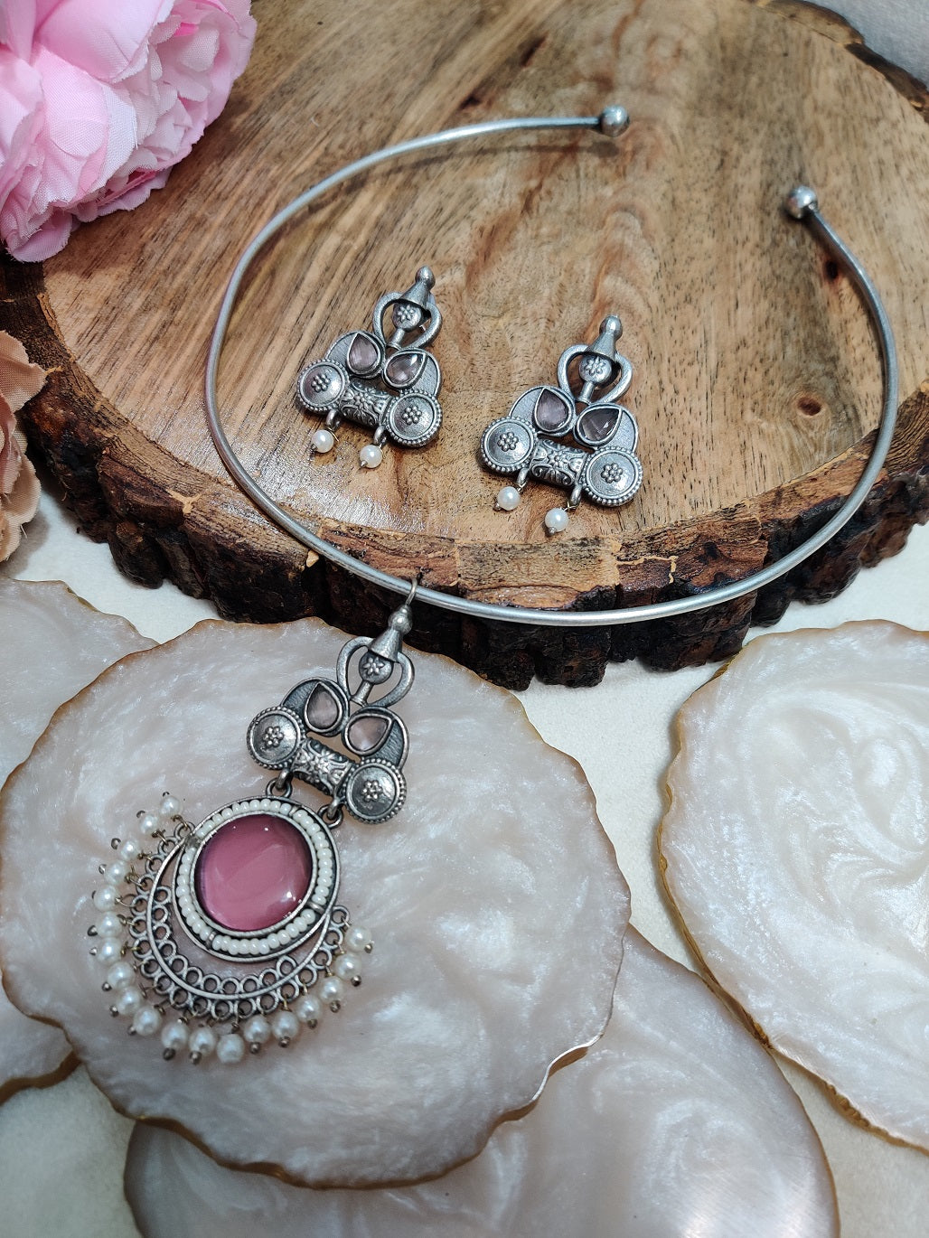Oxidised Silver Plated Stone Studded Hasli Choker Jewellery Set For Women